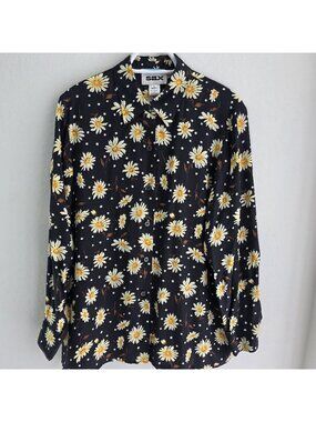SILX by August Silk 100% Silk Blouse Large Black Daisy Floral Polka Dot Vintage